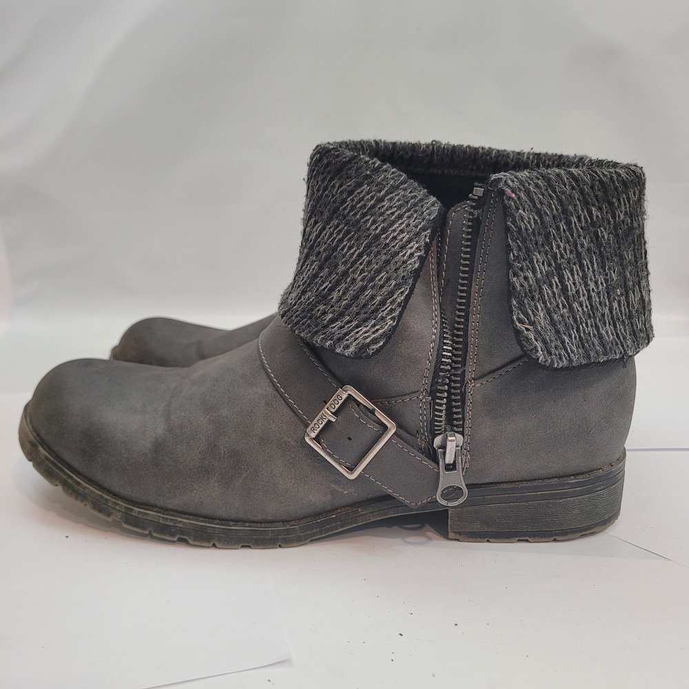 Rocket Dog Ankle Boots Womens 9 Grey Knit Cuff Buckle Moto Booties Excellent